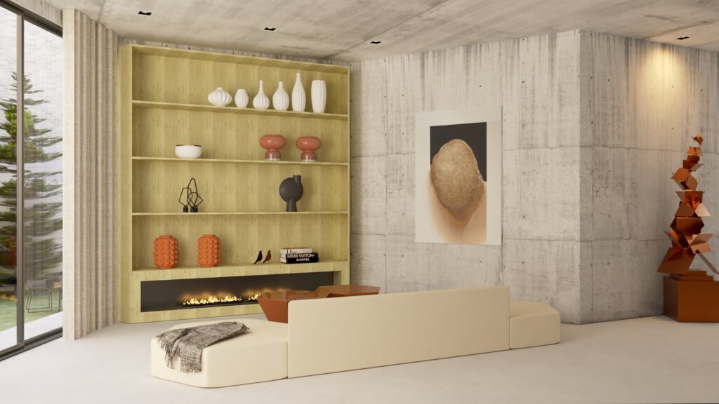 Salón con librería de madera